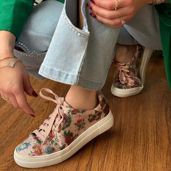 New Pink Floral Print Rhinestone Crystal Pavé Lace-Up Flat Platform Sneaker Shoe - Picture 3 of 8